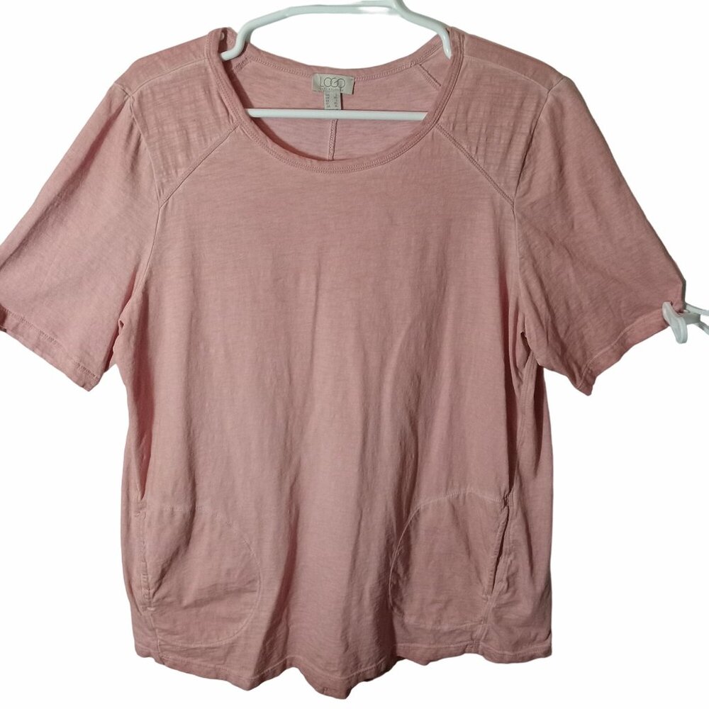 Logo Lori Goldstein Pink Distressed T Shirt Cotton Elbow Sleeve Shirt Size L